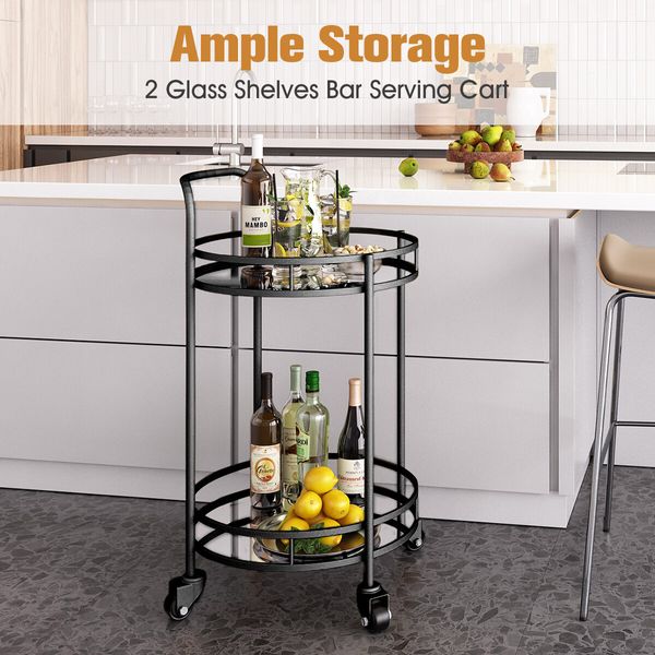 Round Black Bar Cart Mobile Drinks Serving Trolley Tea Coffee Wine Rolling Trolly 4 Wheels 2 Trays Metal Mirrored Glass Top