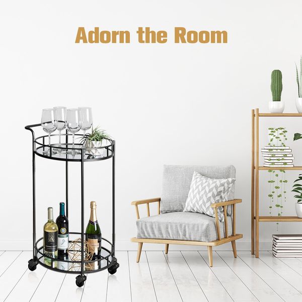 Round Black Bar Cart Mobile Drinks Serving Trolley Tea Coffee Wine Rolling Trolly 4 Wheels 2 Trays Metal Mirrored Glass Top