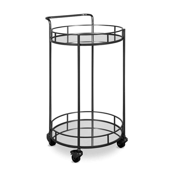 Round Black Bar Cart Mobile Drinks Serving Trolley Tea Coffee Wine Rolling Trolly 4 Wheels 2 Trays Metal Mirrored Glass Top