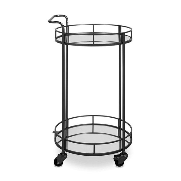 Round Black Bar Cart Mobile Drinks Serving Trolley Tea Coffee Wine Rolling Trolly 4 Wheels 2 Trays Metal Mirrored Glass Top