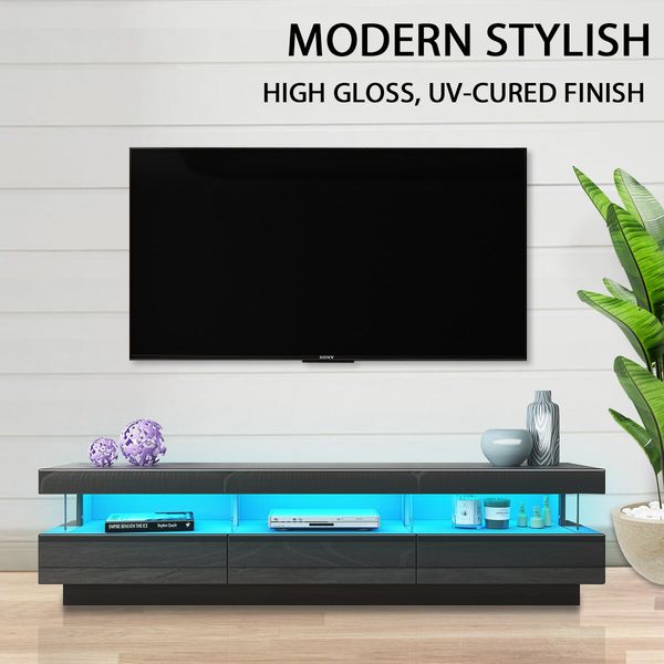 Black LED TV Stand Unit Storage Cabinet Entertainment Console High Gloss Front 3 Drawer 