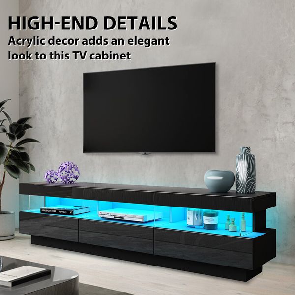 Black LED TV Stand Unit Storage Cabinet Entertainment Console High Gloss Front 3 Drawer 