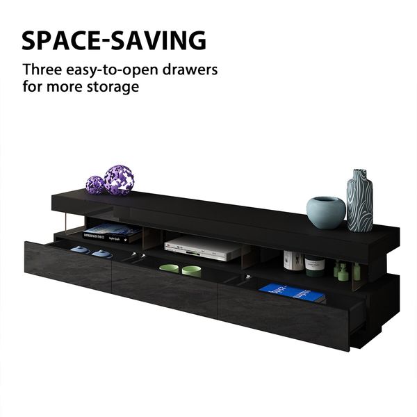 Black LED TV Stand Unit Storage Cabinet Entertainment Console High Gloss Front 3 Drawer 