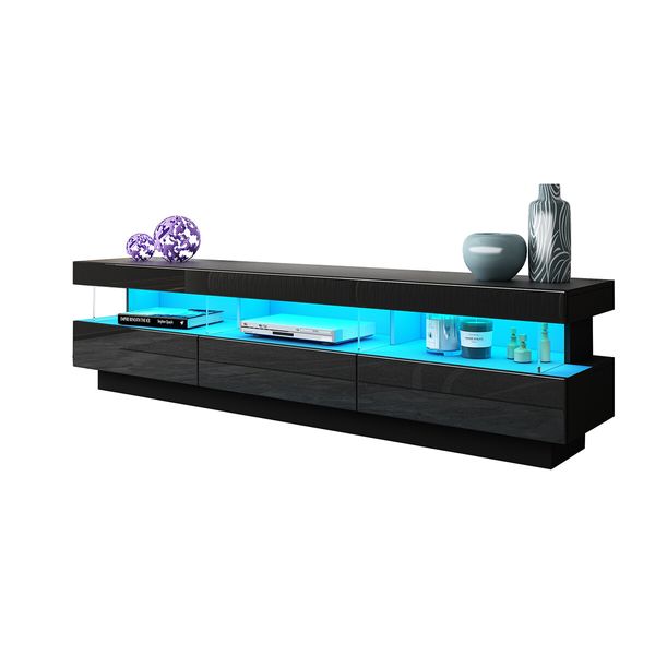 Black LED TV Stand Unit Storage Cabinet Entertainment Console High Gloss Front 3 Drawer 