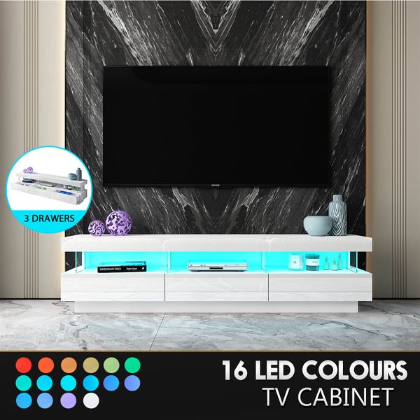 White LED TV Stand Unit Storage Cabinet Entertainment Console High Gloss Front 3 Drawer