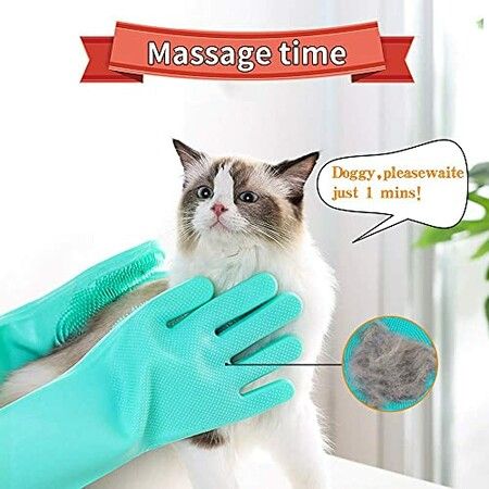 Pet Grooming Silicone Gloves for Cat Dog Bathing Brush with Long Bristles, Heat Resistant Silicone Pet Hair Removal Gloves  Green