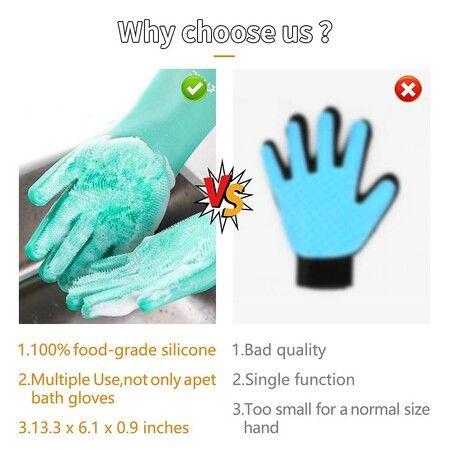 Pet Grooming Silicone Gloves for Cat Dog Bathing Brush with Long Bristles, Heat Resistant Silicone Pet Hair Removal Gloves  Green