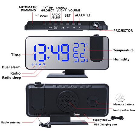 2022 Newest LED Digital Projection Alarm Clock Table Electronic Alarm Clock with Projection FM Radio Time Projector Bedroom Bedside Clock