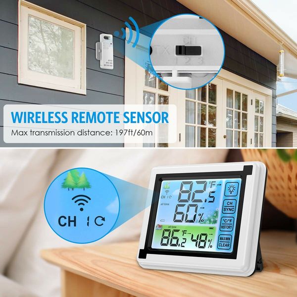 Indoor Outdoor Thermometer, 3 Sensors Digital Wireless Hygrometer, Room Thermometer Humidity Meter with Touchscreen Min/Max Records for Home Office