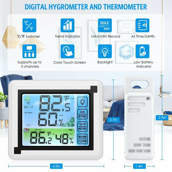 Indoor Outdoor Thermometer, 3 Sensors Digital Wireless Hygrometer, Room Thermometer Humidity Meter with Touchscreen Min/Max Records for Home Office