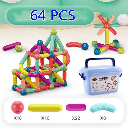 64Pcs Magnetic Balls and Rods Building Sticks Blocks Set Vibrant Colors Different Sizes Educational Stacking STEM Magnet Toys For 3+ ages