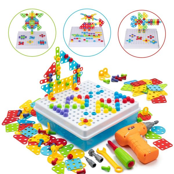 Creative Mosaic Drill Set for Kids , Kids Electric Drill and Screw Puzzle Set for Girls and Boys STEM Building Toys, 3-8 Years Old Drilling Toy