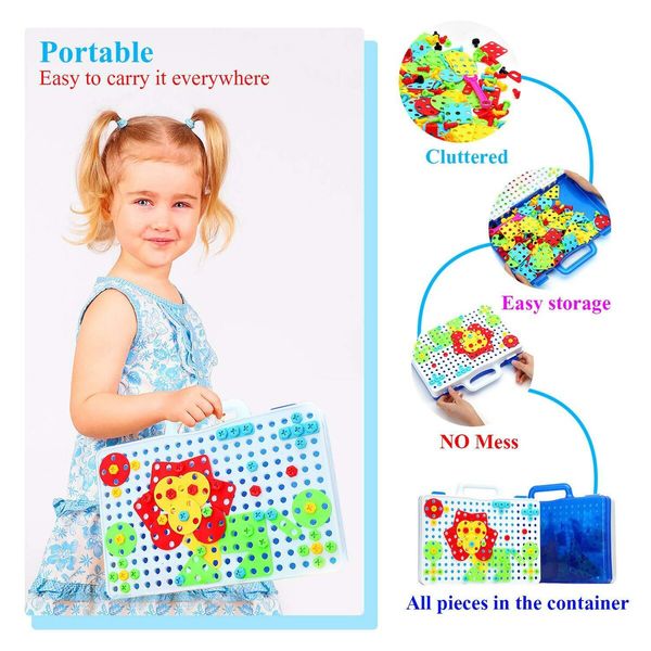 Creative Mosaic Drill Set for Kids , Kids Electric Drill and Screw Puzzle Set for Girls and Boys STEM Building Toys, 3-8 Years Old Drilling Toy