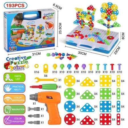 Creative Mosaic Drill Set for Kids , Kids Electric Drill and Screw Puzzle Set for Girls and Boys STEM Building Toys, 3-8 Years Old Drilling Toy