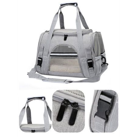 Soft Pet Carriers Portable Breathable Foldable Bag Cat Dog Carrier Bags Outgoing Travel Pets Handbag with Locking Safety Zippers Col Grey