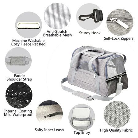 Soft Pet Carriers Portable Breathable Foldable Bag Cat Dog Carrier Bags Outgoing Travel Pets Handbag with Locking Safety Zippers Col Grey