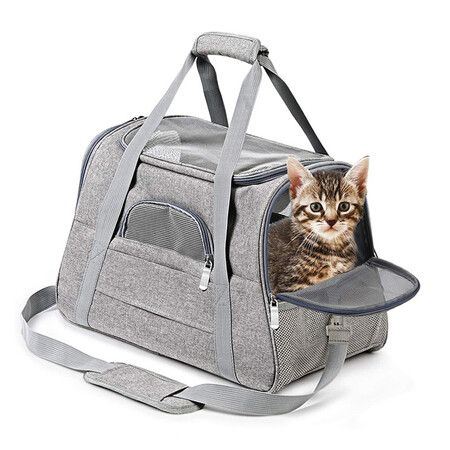 Soft Pet Carriers Portable Breathable Foldable Bag Cat Dog Carrier Bags Outgoing Travel Pets Handbag with Locking Safety Zippers Col Grey