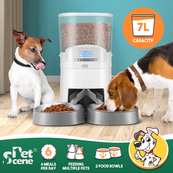 Petscene 7L Automatic Pet Cat Feeder Dog Food Dispenser Voice Recorder 2 Bowls LCD