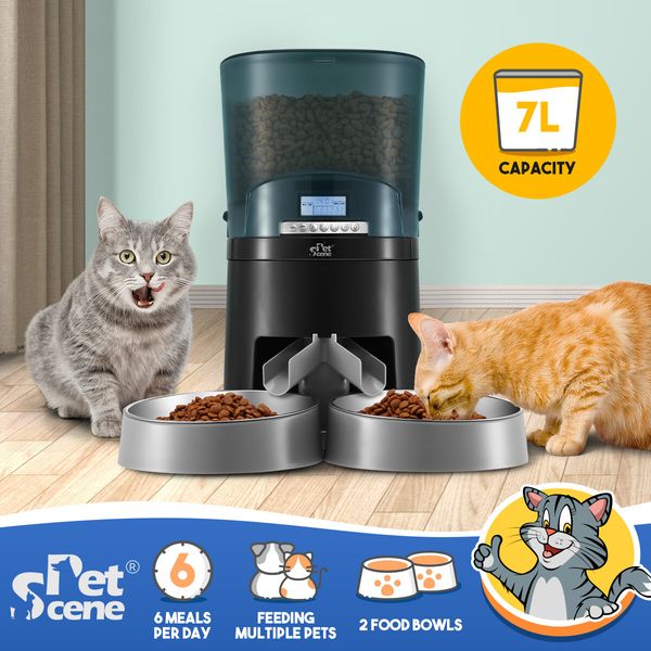 Petscene Automatic Pet Feeder 7L Auto Dog Cat Food Dispenser Voice Recorder 2 Bowls