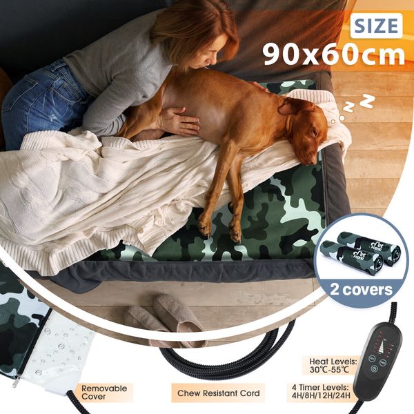 Electric Pet Dog Heater Pad Heating Mat Heated Blanket Cat Bed Thermal Protection Timer XL 90x60cm with 2 Cloth Covers