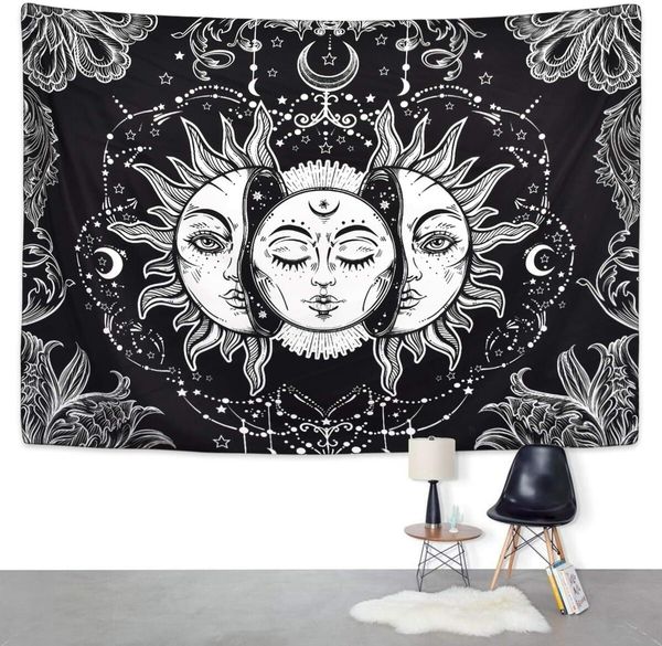 Sun and Moon Tapestry Star Tapestry Psychedelic Tapestry Black and White (130x150cm)