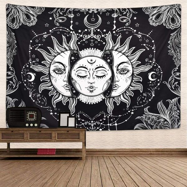 Sun and Moon Tapestry Star Tapestry Psychedelic Tapestry Black and White (130x150cm)