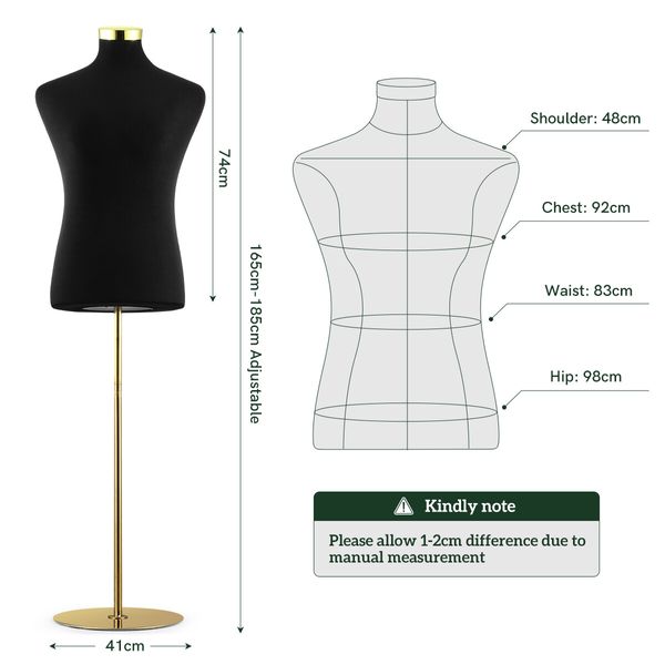 Male Mannequin Torso Dress Form Display Stand Dummy Manikin Dressmakers Metal Base 165-185cm Black