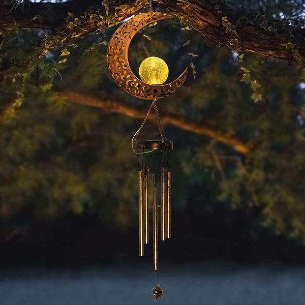 Outdoor Decor Moon Wind Chime Crackle Glass Ball Warm LED Light Waterproof for Garden Yard Patio Lawn(1 Pack)