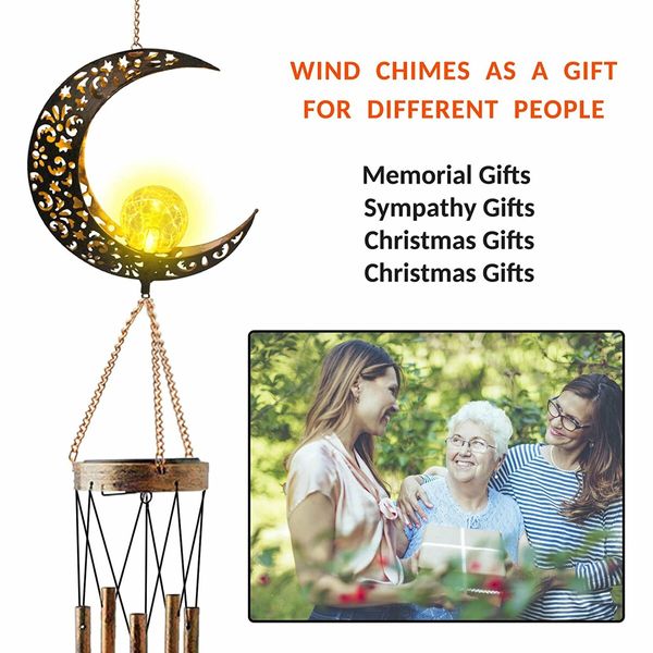 Outdoor Decor Moon Wind Chime Crackle Glass Ball Warm LED Light Waterproof for Garden Yard Patio Lawn(1 Pack)