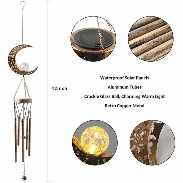 Outdoor Decor Moon Wind Chime Crackle Glass Ball Warm LED Light Waterproof for Garden Yard Patio Lawn(1 Pack)