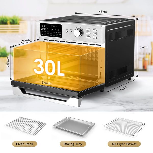 Maxkon Large Air Fryer Electric Digital Convection Oven Big Air Cooker Toaster Oil Free 30L 1800W Dual Cook Function 