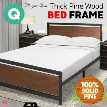 Royal Sleep Queen Bed Frame Solid Wooden with Metal Frame