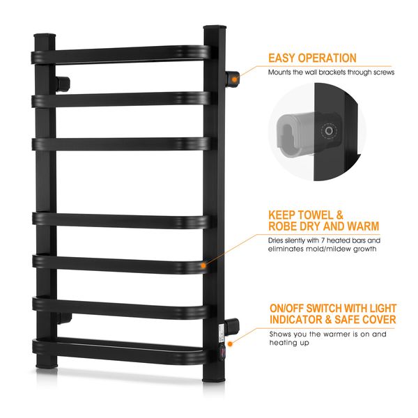 Maxkon Electric Heated Towel Rail Warmer Rack Wall Mounted Black Bathroom Hanger 140W Aluminium Alloy