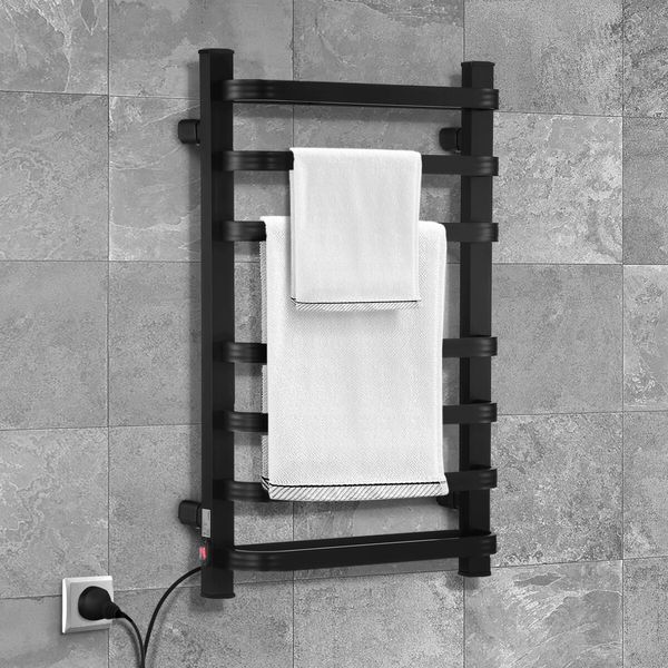 Maxkon Electric Heated Towel Rail Warmer Rack Wall Mounted Black Bathroom Hanger 140W Aluminium Alloy