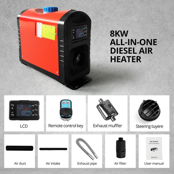 Diesel Air Heater 12V 8KW Portable Car Parking All in One Plateau Version LCD Remote Control Black & Red