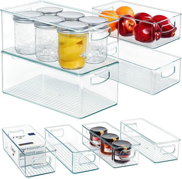 Stackable Pantry Organizer Bins, Clear Fridge Organizers for Kitchen, Freezer, Countertops, Cabinets - Plastic Food Storage Container with Handles for Home and Office