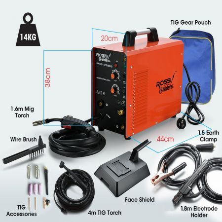 ROSSI 250 Amp 4-in-1 Inverter Welder MIG TIG Stick GMAW ARC Gas Gasless, with Accessories