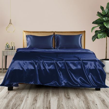 DreamZ Silky Satin Sheets Fitted Flat Bed Sheet Pillowcases Summer King Blue