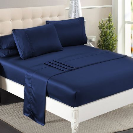 DreamZ Silky Satin Sheets Fitted Flat Bed Sheet Pillowcases Summer King Blue