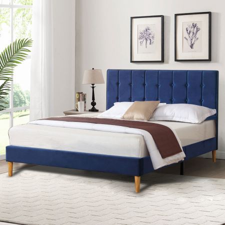 Levede Bed Frame Queen Size Mattress Base Platform Wooden Velevt Headboard Blue