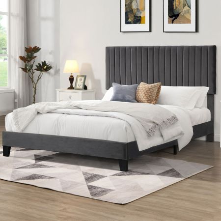 Levede Bed Frame Queen Size Mattress Base Platform Wooden Velevt Headboard Grey