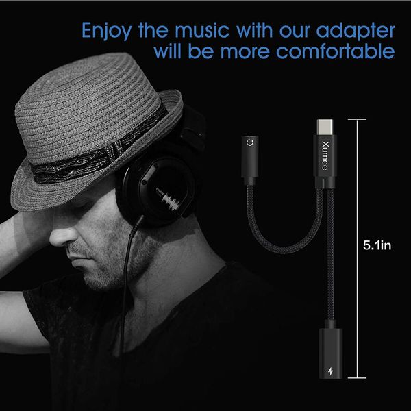 USB Type C to 3.5mm Headphone and Charger Adapter,2-in-1 USB C to Aux Audio Jack Hi-Res DAC (Black)