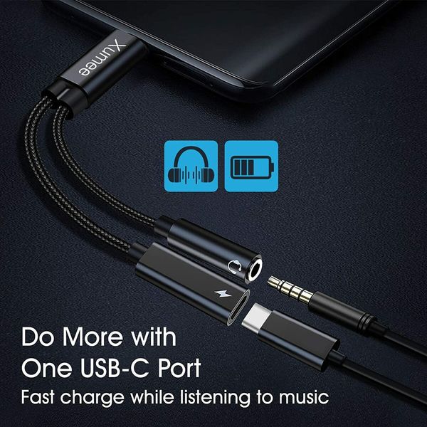 USB Type C to 3.5mm Headphone and Charger Adapter,2-in-1 USB C to Aux Audio Jack Hi-Res DAC (Black)