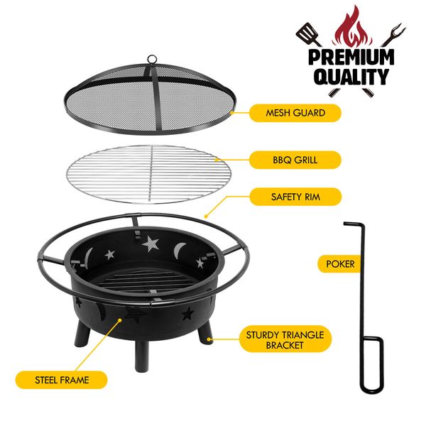 2 In 1 Fire Pit BBQ Grill Fireplace Smoker Brazier Outdoor Patio Heater Camping Portable 30 Inch