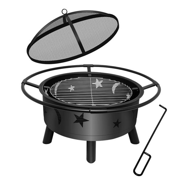 2 In 1 Fire Pit BBQ Grill Fireplace Smoker Brazier Outdoor Patio Heater Camping Portable 30 Inch