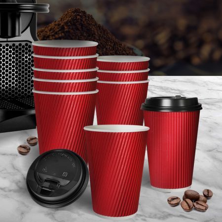 100 Pcs 12oz Disposable Takeaway Coffee Paper Cups Triple Wall Take Away w Lids