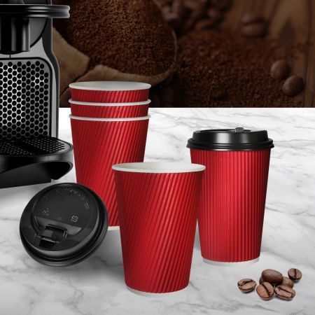 50 Pcs 12oz Disposable Takeaway Coffee Paper Cups Triple Wall Take Away w Lids