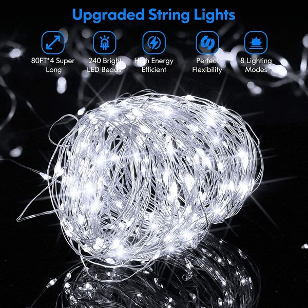 4-Pack 160FT 400 LED Solar String Lights Outdoor, Waterproof Solar Fairy Lights with 8 Lighting Modes, Solar Outdoor Lights for Tree Christmas Wedding Party Decorations Garden Patio (Daylight White)