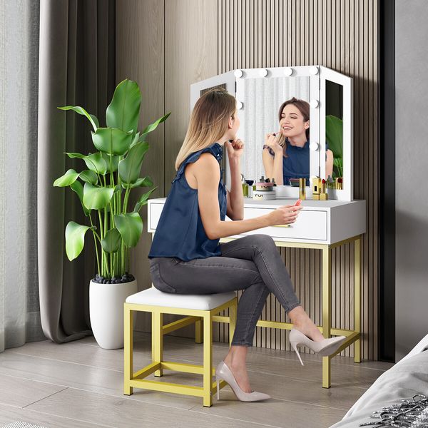 Large Vanity Dressing Table Makeup Desk Set with 10 LED Lighted Mirror Stool 2 Drawers White