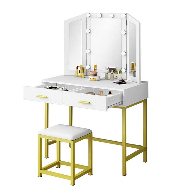 Large Vanity Dressing Table Makeup Desk Set with 10 LED Lighted Mirror Stool 2 Drawers White